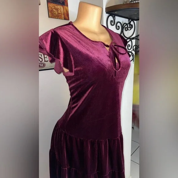 New With Tags, Velvet Tiered Ruffle Sleeve Dress, Medium but fits like Large - Picture 2 of 6